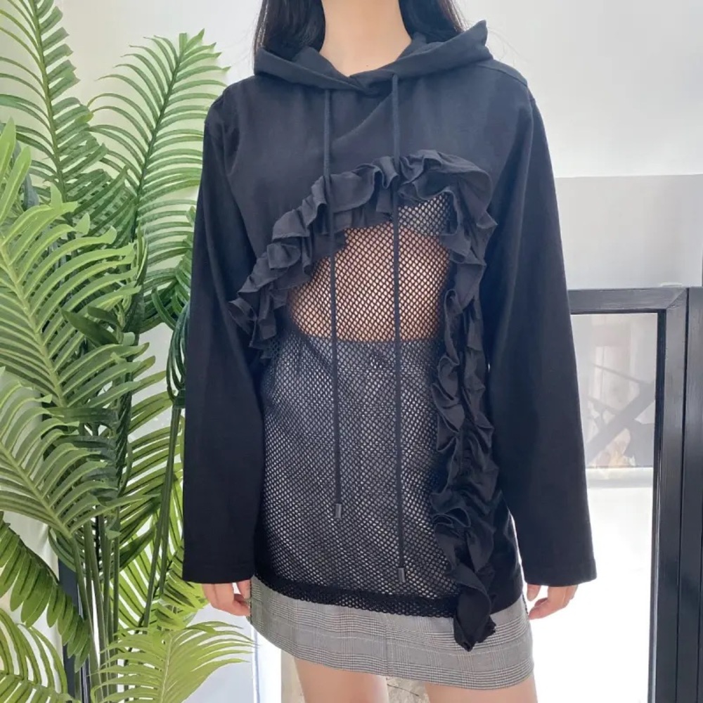 Black Ruffled Mesh Women's Top
